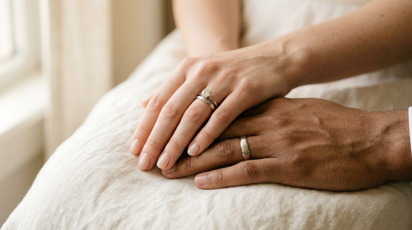 A bride’s hand resting on her partner’s, both wedding rings visible, on ivory linen in window light