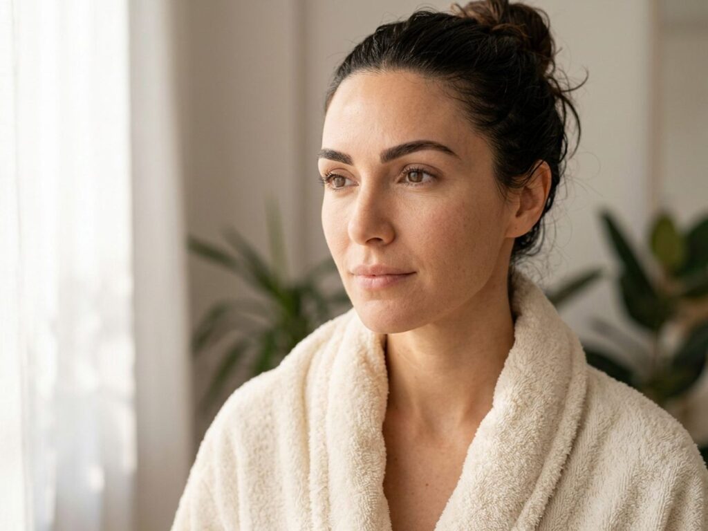 Bare skin, no makeup, morning light, brows already groomed