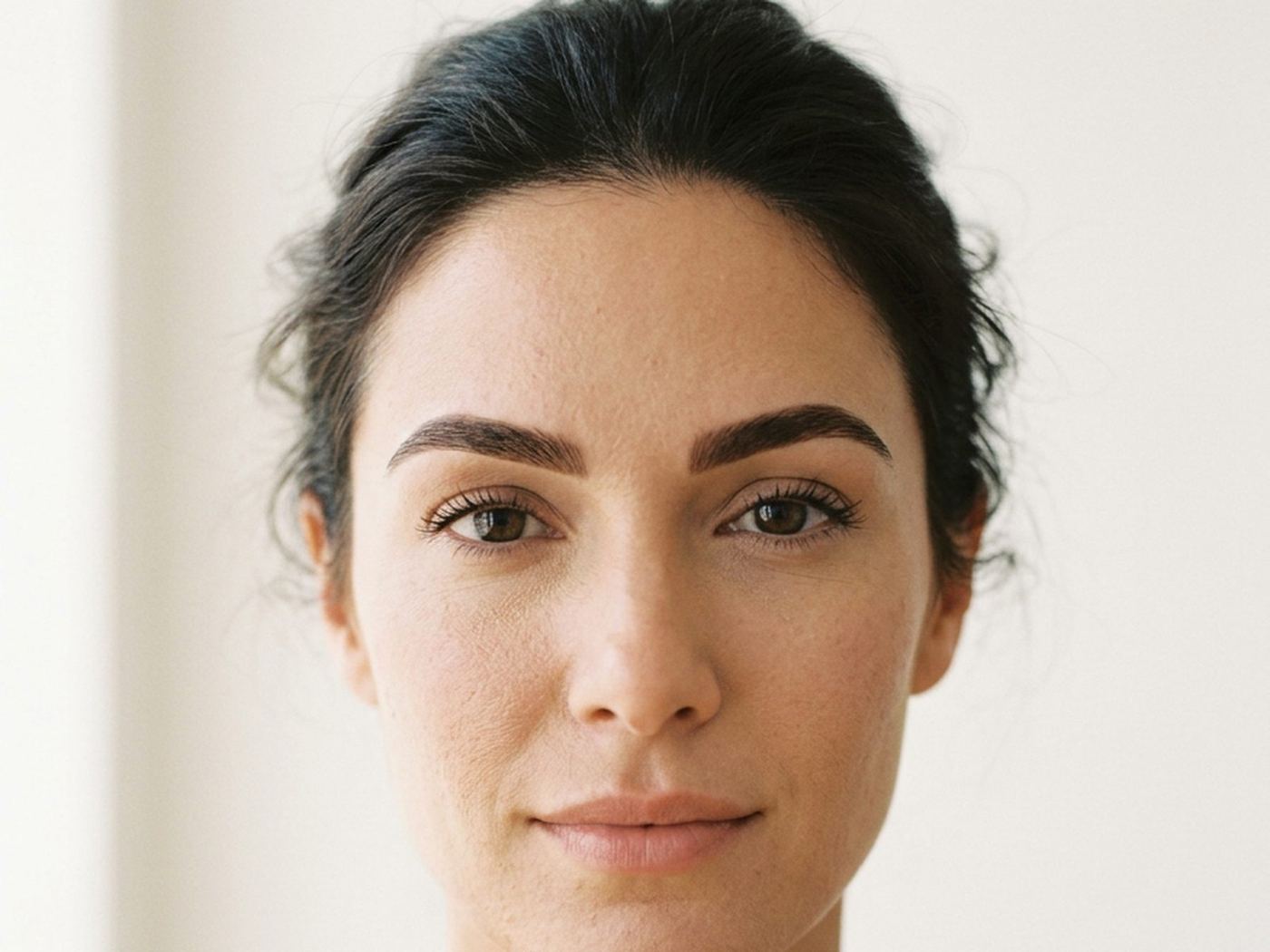 Straight-on portrait showing how a shaped brow frames the whole face
