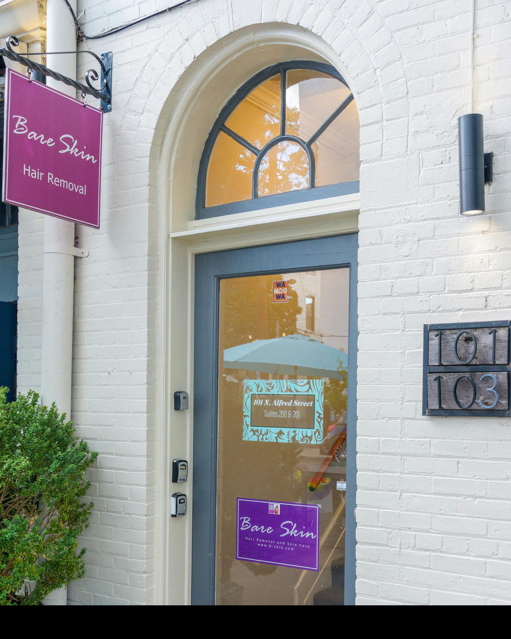 The Bare Skin Waxing storefront and sign at 101 N. Alfred Street, Old Town Alexandria